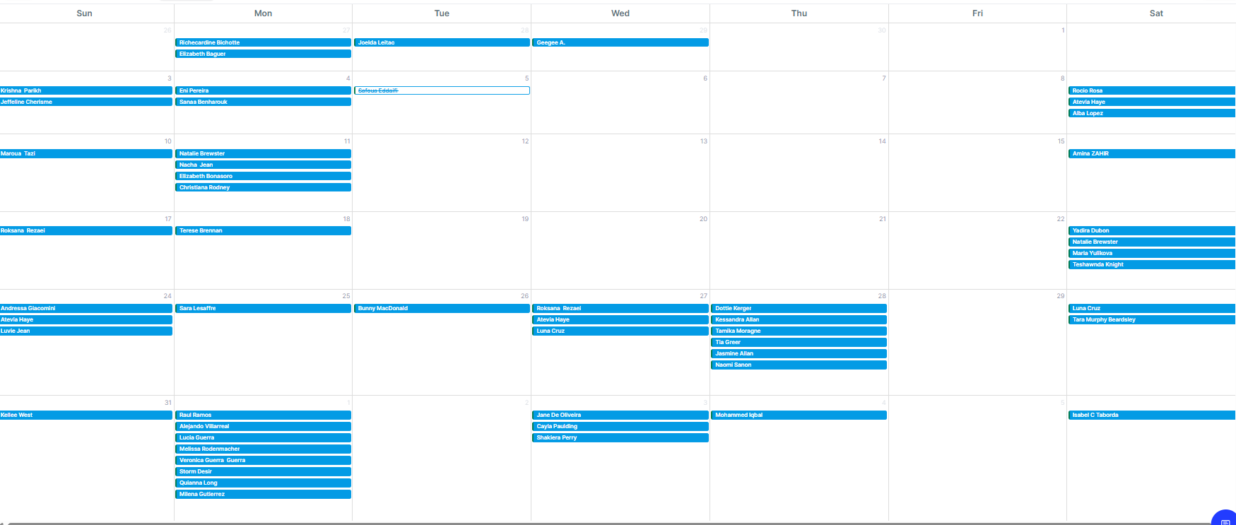 Bryn's booking calendar, booked solid